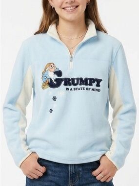 Disney Grumpy Fleece Pullover Sweatshirt Quarter Zip Light Blue Girls Size L